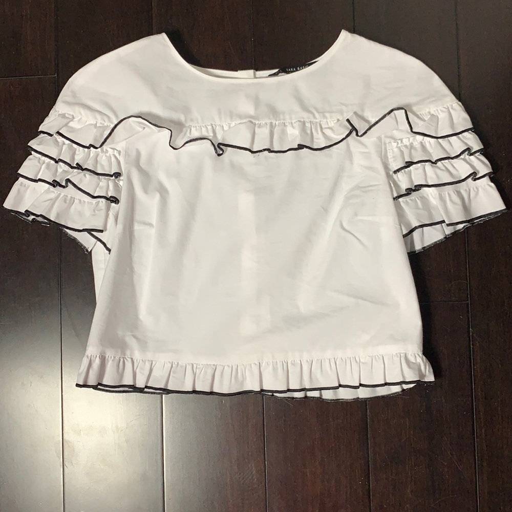 Zara white blouse with black lining details